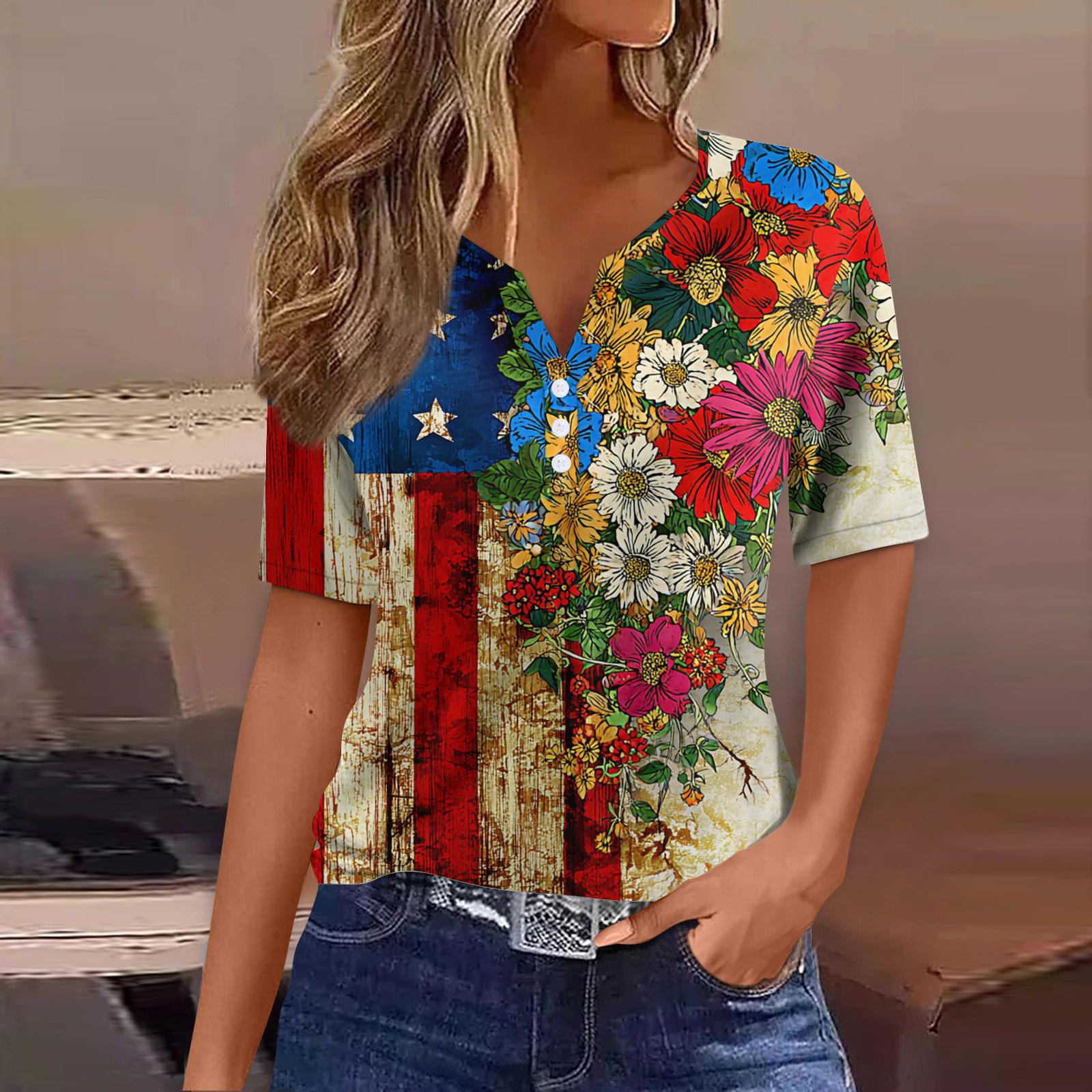 

Жен. Футболка Футболка С принтом Пуговицы С короткими рукавами Повседневные Выходные Мода Классический V-образный вырез Обычный Верх L синий