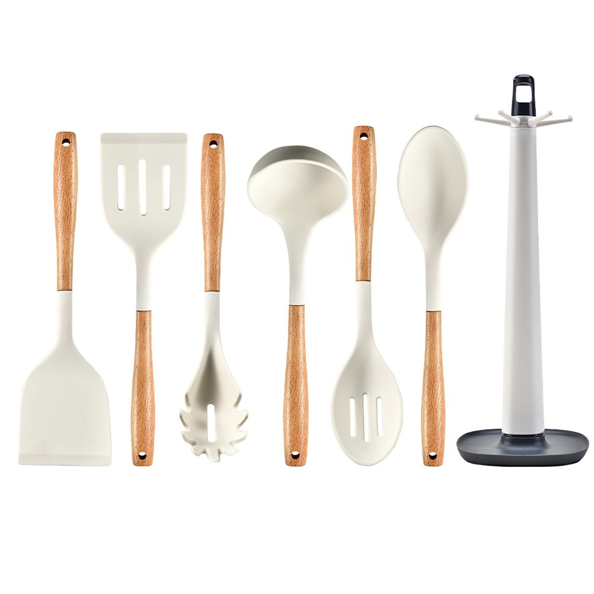 

6/7 шт. силиконовый кухонный набор антипригарная лопатка суповая ложка кухонные принадлежности с подставкой для хранения деревянная ручка кухонные принадлежности