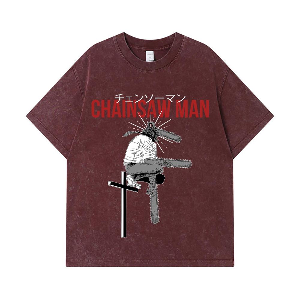 275 GSM Washed T-shirts 100% Cotton Chainsaw Man V41 Denji Print Unisex Heavy Cotton T Shirt