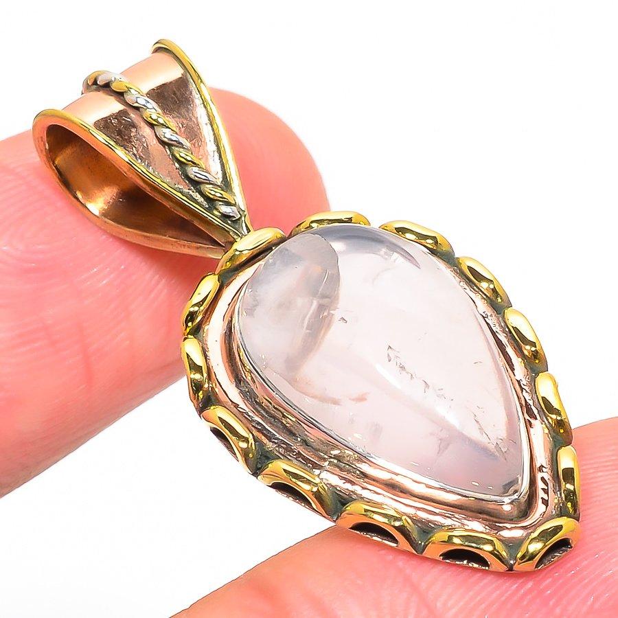 Natural Rose Quartz TwoTone 925 Solid Sterling Silver Jewelry Pendant 1.75" W9A86