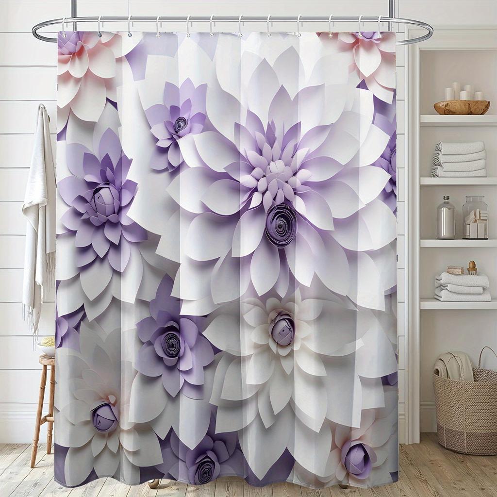 1Pc Gradient Purple Floral Print Shower Curtain With Hooks, Polyester Fabric Machine Washable Art And Floral Design For Bathroom