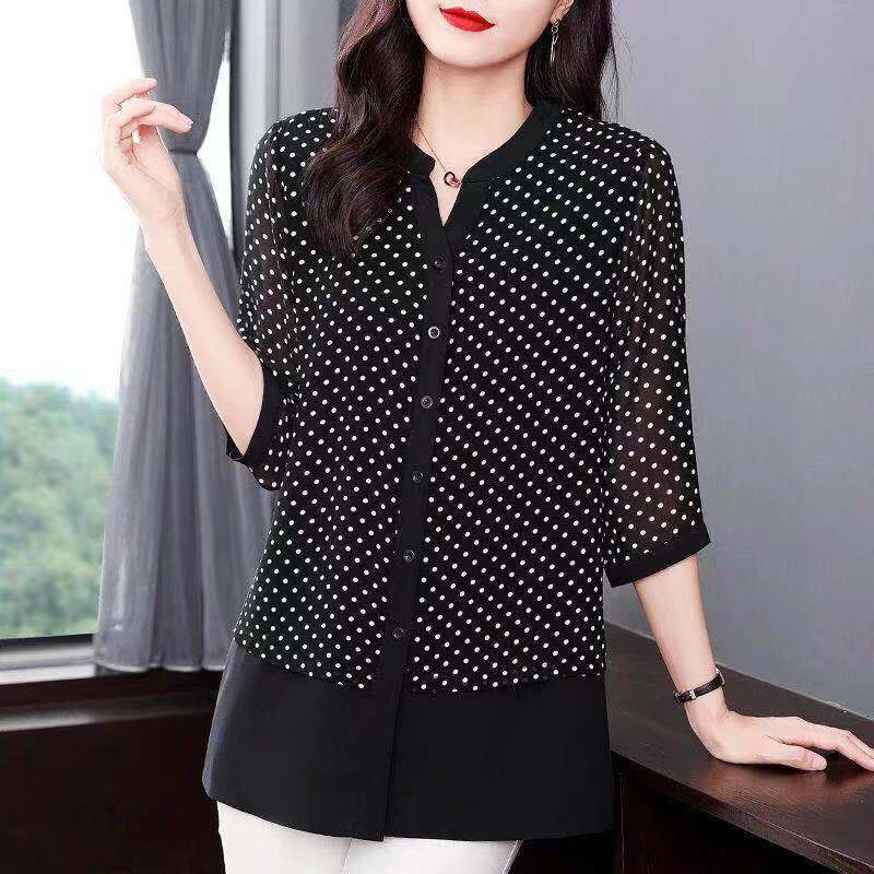 Spring Summer Polka Dot Printed Blouse Women's Clothing Casual Single-breasted Commute O-Neck 3/4 Sleeve All-match Loose Shirt