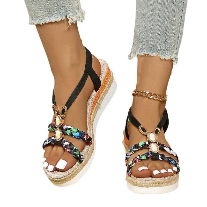New Fashion Versatile Comfortable Bohemian Sandals Women's Rhinestone Open-toed Women's Wedge Heel Platform Sandals