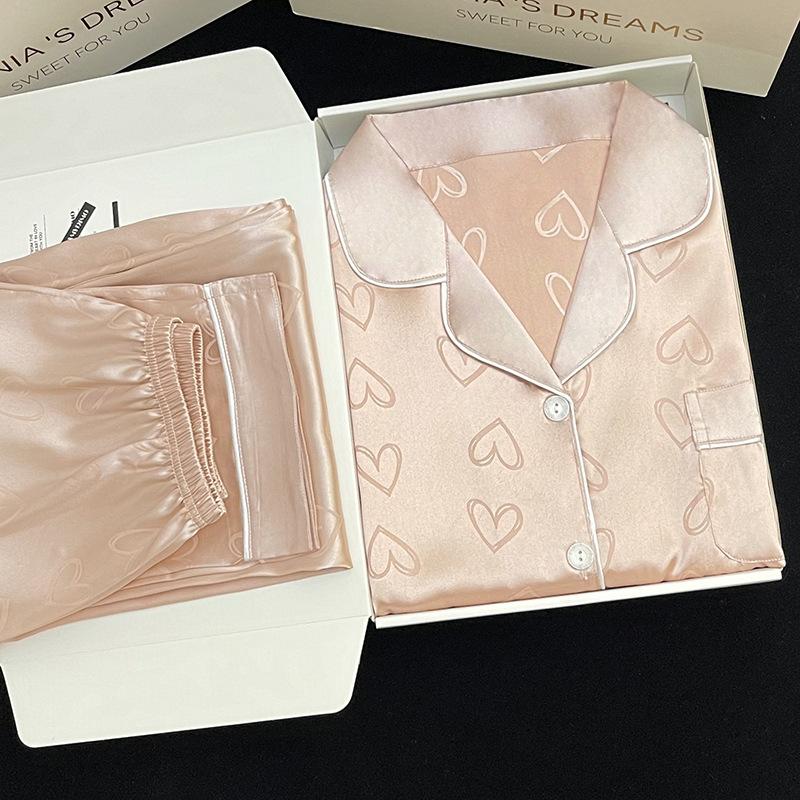 Love Ice Silk Casual Suit Simulation Silk New Spring And Summer Peach Heart Long-Sleeved Pajamas Women'S Thin Loungewear
