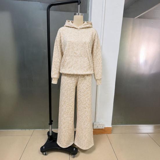 Comfortable Women Tracksuit Leopard Print Hoodie & Pants, Hooded Sweatshirt with Kangaroo Pocket, Casual Retro Outfits Wide Leg Loose Two Piece Lounge