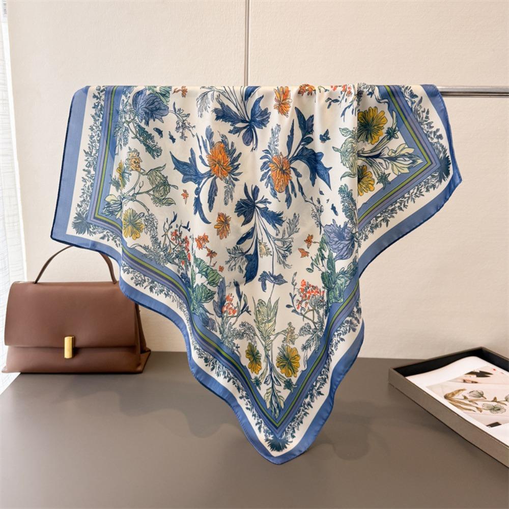 

Квадратный женский шелковый платок с цветочным принтом, шейный платок, шаль, высококачественные шарфы, фуляр темно-синий