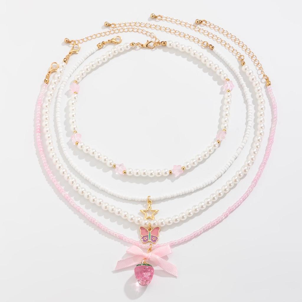 Fresh Y2K Strawberry Pendant Necklace with Faux Pearl Beaded Choker