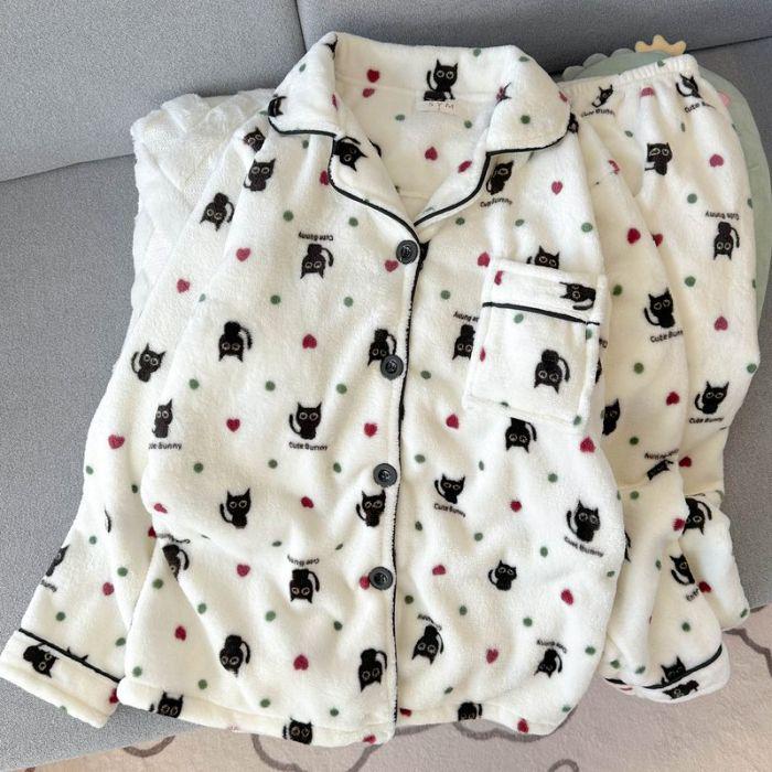 

Женский флисовый фланелевый пижамный комплект большого размера - С длинным рукавом, Теплый, Домашняя одежда из двух частей для осени/зимы Extra Large