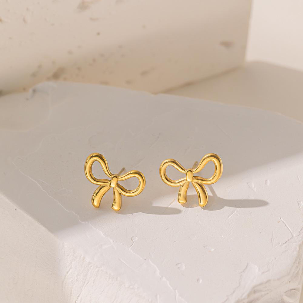 Korean Style Sweet Bow Pendant Geometric Snake Chain Titanium Steel Jewelry Set for Women