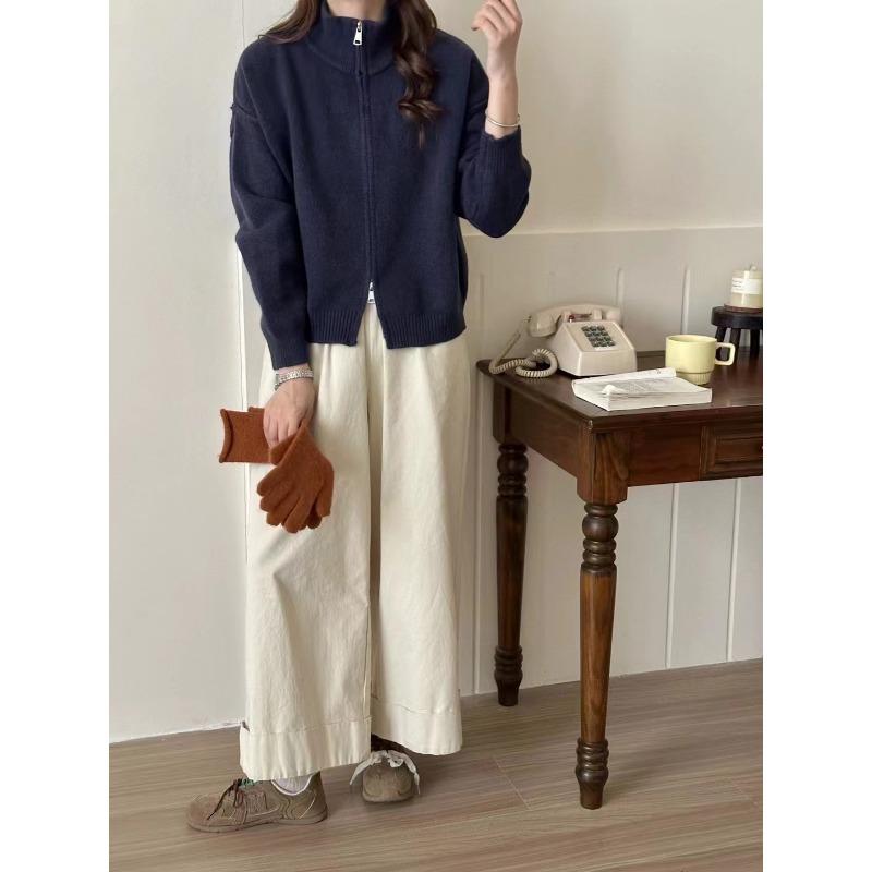 Autumn and winter new simple style loose and thin sweater jacket women lazy double zipper stand-up collar knitted cardigan women