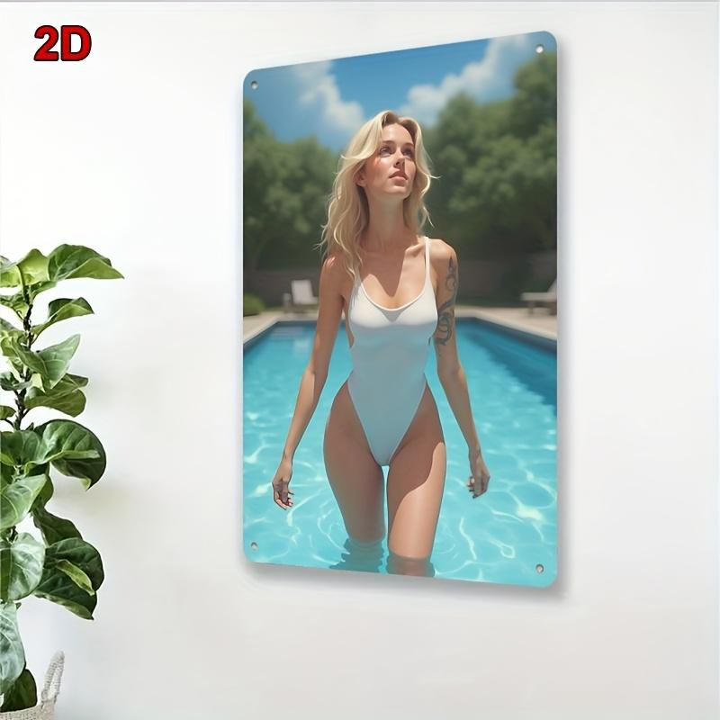 Retro Metal Tin Sign 8x12 Inch Vintage Wall Art, Bikini Girl Poolside Iron Poster For Bar Cafe Bedroom Decor