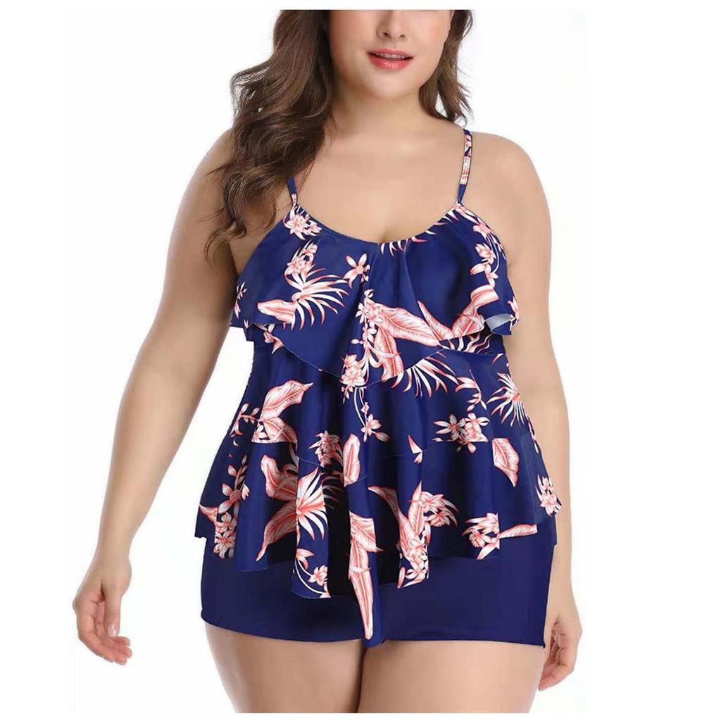 Women's Large Size Fashion High Waist Fly Side Straps Printed With Chest Pads Without Steel Bra Swimsuit