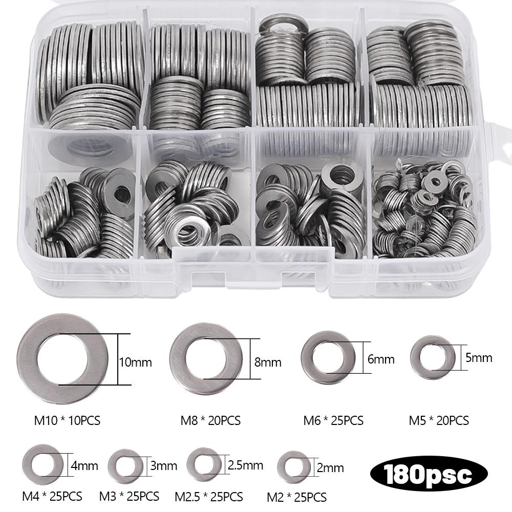 Stainless Steel Flat Washer Set M2-M16 Metal Screw Washers Rings Plain Gaskets Fastener Hardware Assortment Kits for Repair