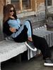 Modisches Freizeit-Hoodie-Set Denim-Patchwork mit Reißverschluss Langarmhose Damen-Outfit 2-teiliges Set