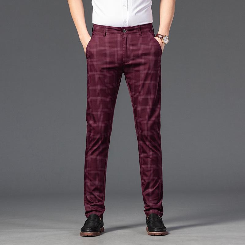Pantaloni da uomo a quadri slim fit elasticizzati - Pantaloni dritti casual alla moda per l'autunno