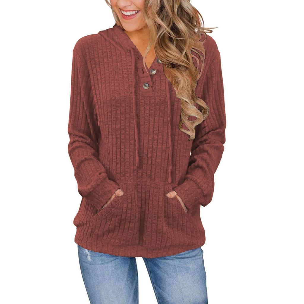 Women's Fashion Long Sleeve Solid Color  Casual Ribbed Button Hoodie Top