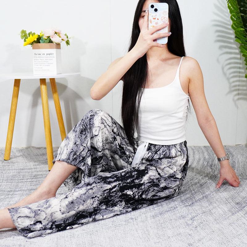 Women's Summer Cotton Silk Nine-Point Wide-Leg Pajama Pants - Plus Size, Loose, Breathable, Cooling, Ideal for Beach and Air Conditioning Comfort