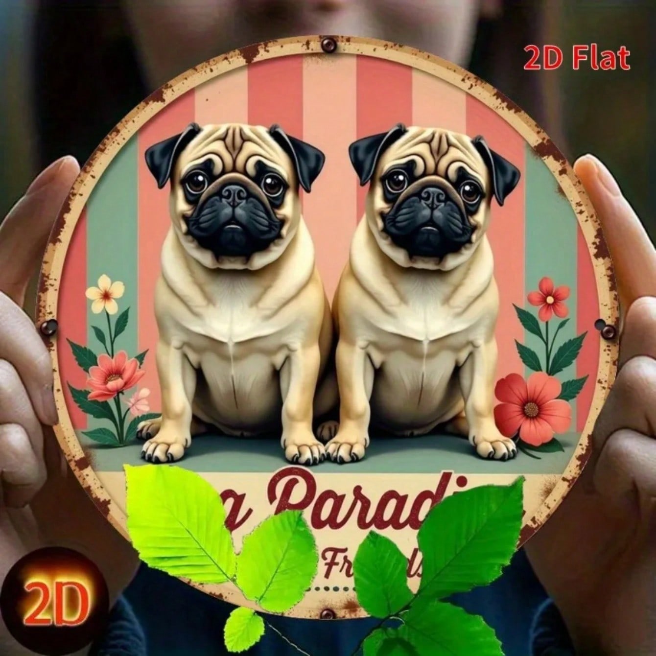 Vintage Metal Wall Art Paradise Sign with Pugs and Flowers Decor for Home Garden 20x20
