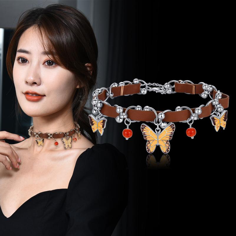 Black Aunt Jewelry Choker Versatile Trendy American Hottie Brown Butterfly Ring Leather Necklace Female
