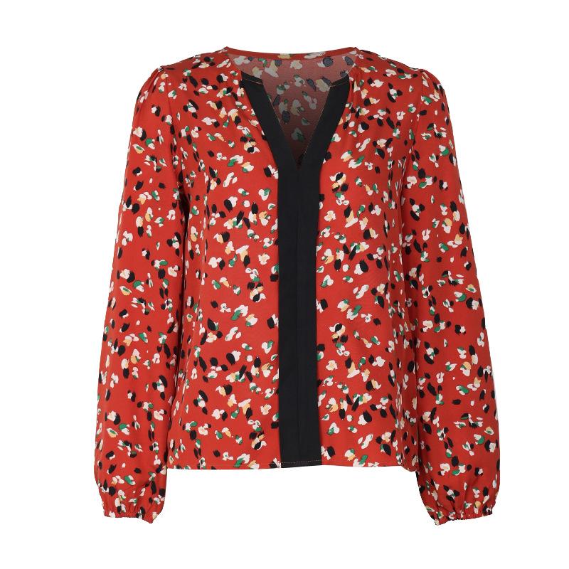 Wiosna i Jesień Damski Drukowany Temperament Elegancki Top z Długim Rękawem Czerwona Bluzka Koszula