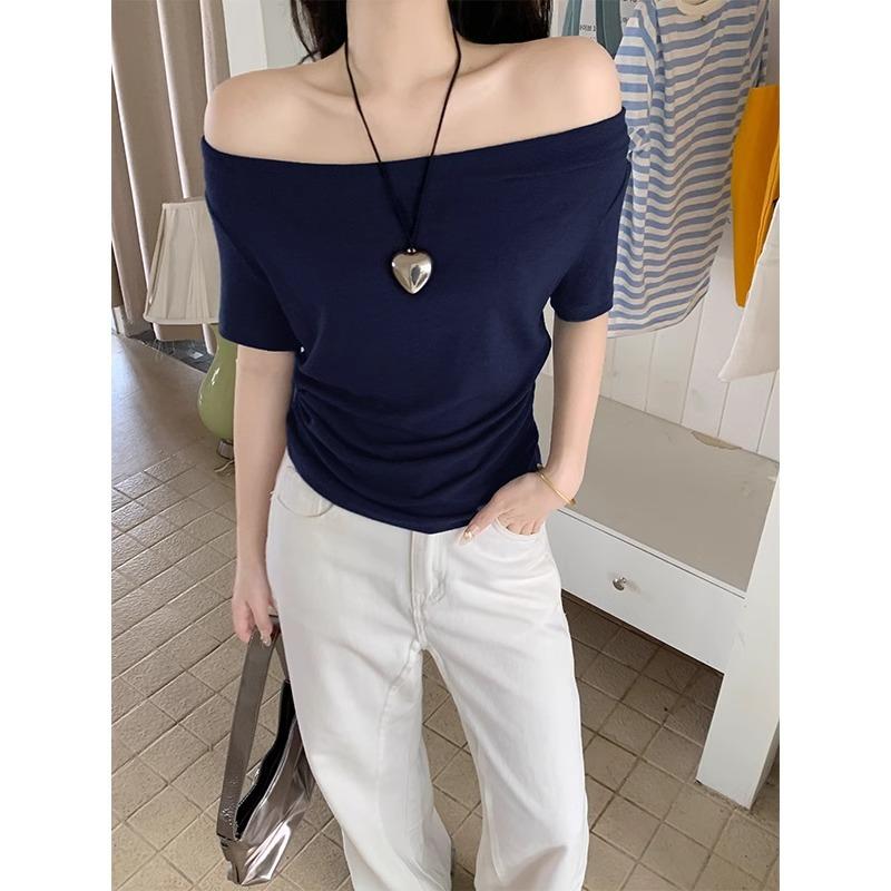 Pure Desire To Expose Collarbone, One-shoulder Off-shoulder Apricot Short-sleeved T-shirt for Women, New Summer Style Two-wear Waist-cinching Top