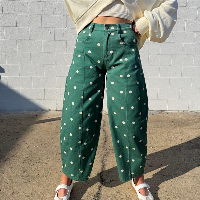 Retro Polka Dot Print Barrel Cropped Jeans Women High Waist Seam Detail Loose Baggy Denim Pants Beach Holiday Casual Bottoms