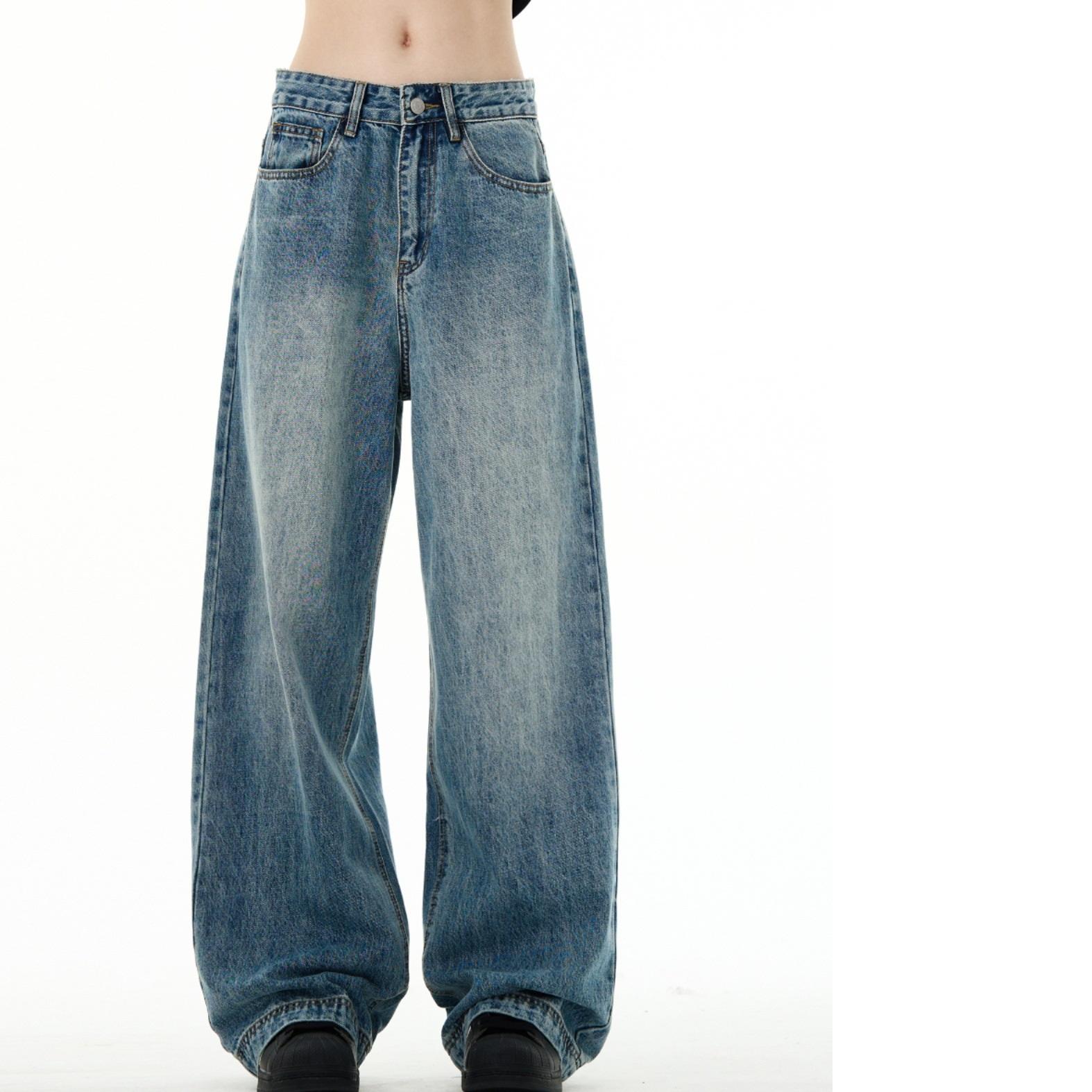 

Ретро-стираемые синие прямые джинсы для мужчин и женщин, широкие универсальные свободные повседневные брюки XS