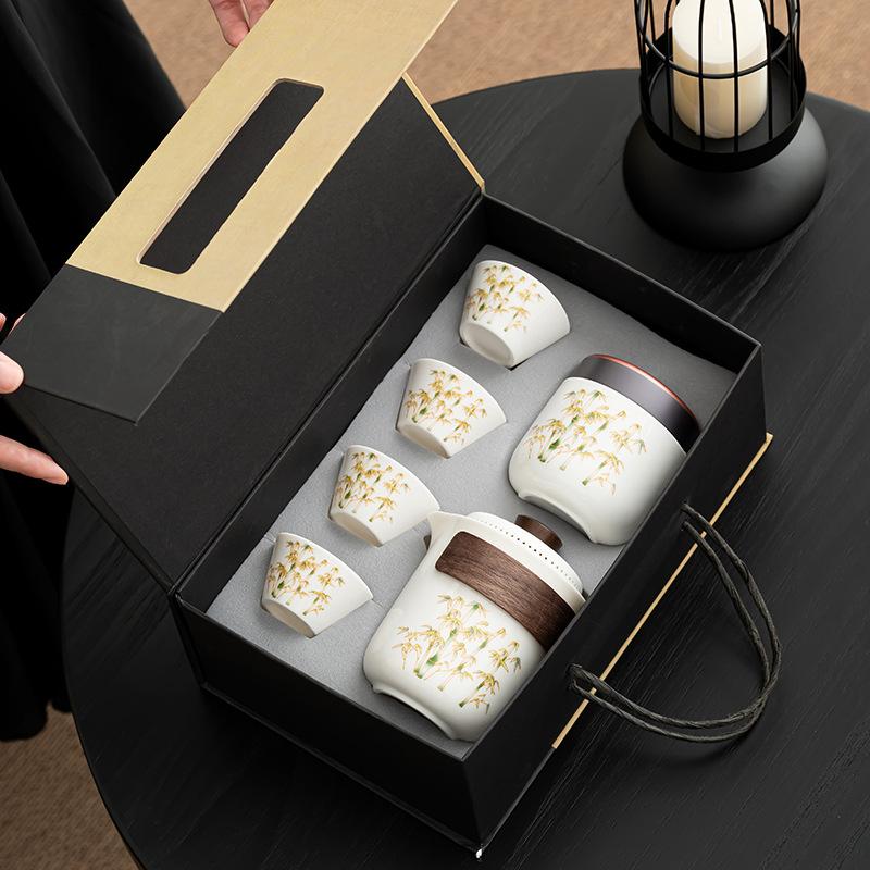 Travel tea set, portable high-end ceramic express cup, one pot of four cups, holiday gift box