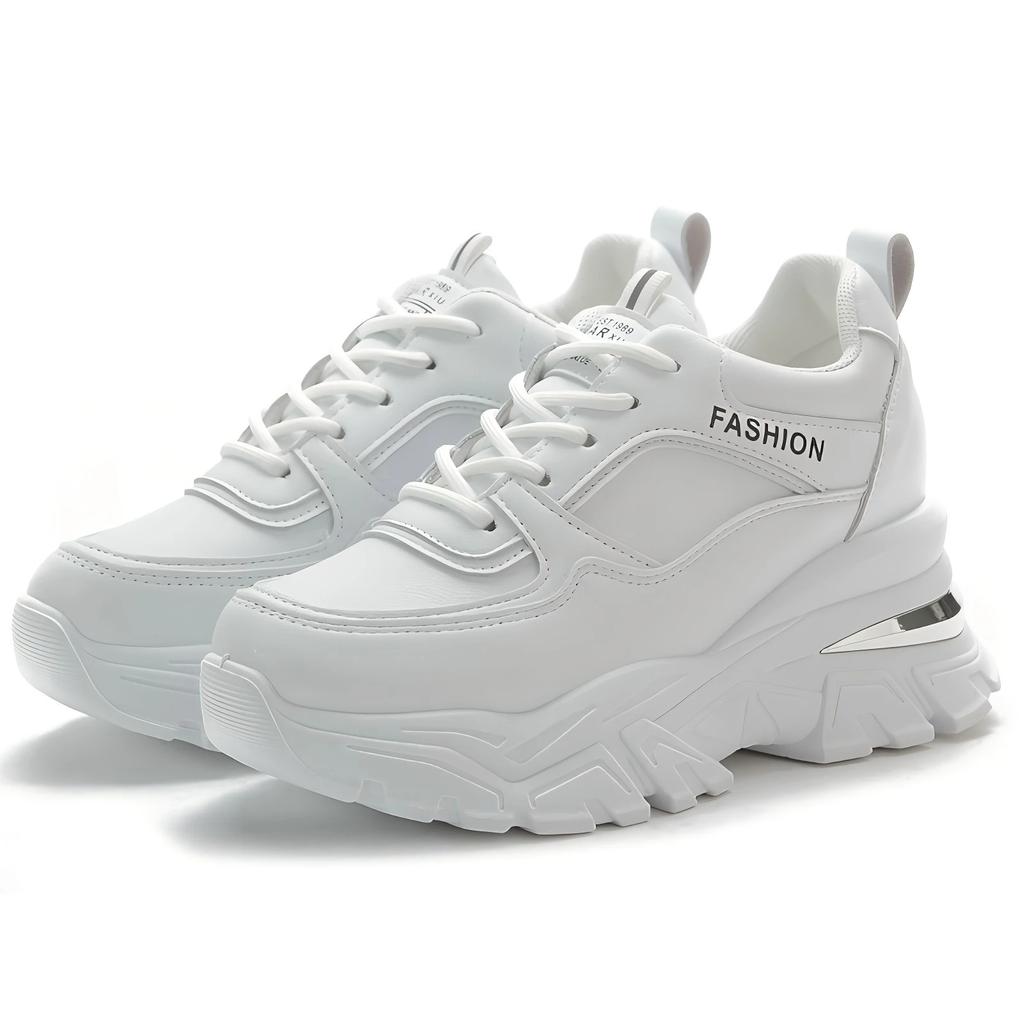 Fashion Women's Height Increasing Chunky Sneakers White Platform Sports Shoes Women PU Thick Bottom Vulcanized Shoes Zapatos De Mujer