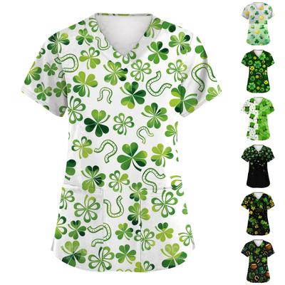 Damenmode Kurzarm Ärmel St. St. Patrick's Day Print V-Ausschnitt Tasche Workwear Oberteil