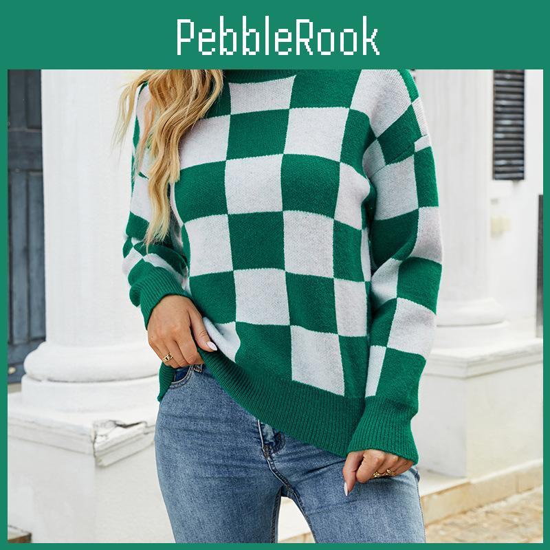 Autumn New Sweaters Plaid Women Oneck Long Sleeve Knitted Pullovers Female Jumpers Tops