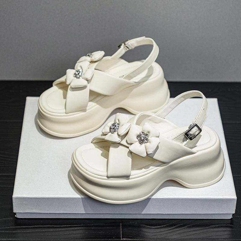 Leather Platform Sandals 2025 Summer New Heightening Rhinestone Bow Casual Fashion Versatile Small Women's Sandals