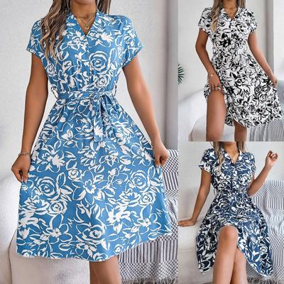 Elegant Women Floral Print Retro Dress Spring Summer V Neck Short Sleeve Casual Dress Belt Waist Bohemian Beach Dress Vestidos