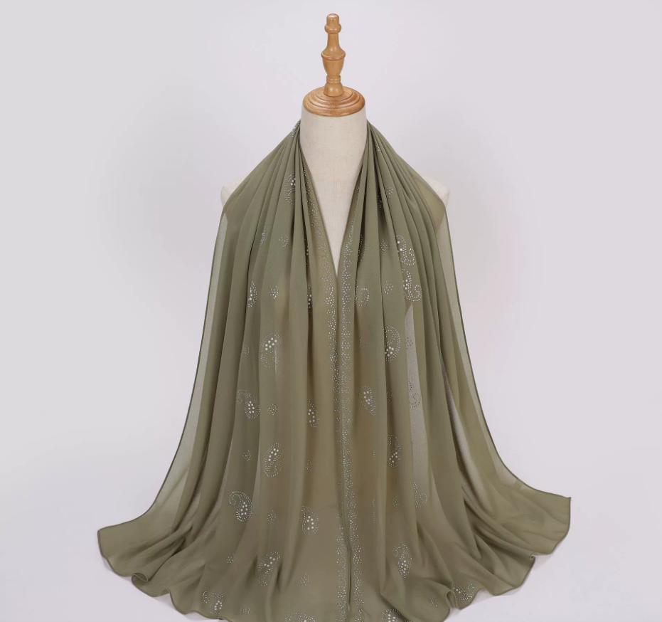 Fashion Muslim Chiffon Hijab With Rhinestones Diamonds Solid Headscarf Wraps Ramadan Islam Scarf For Women Turban Headband