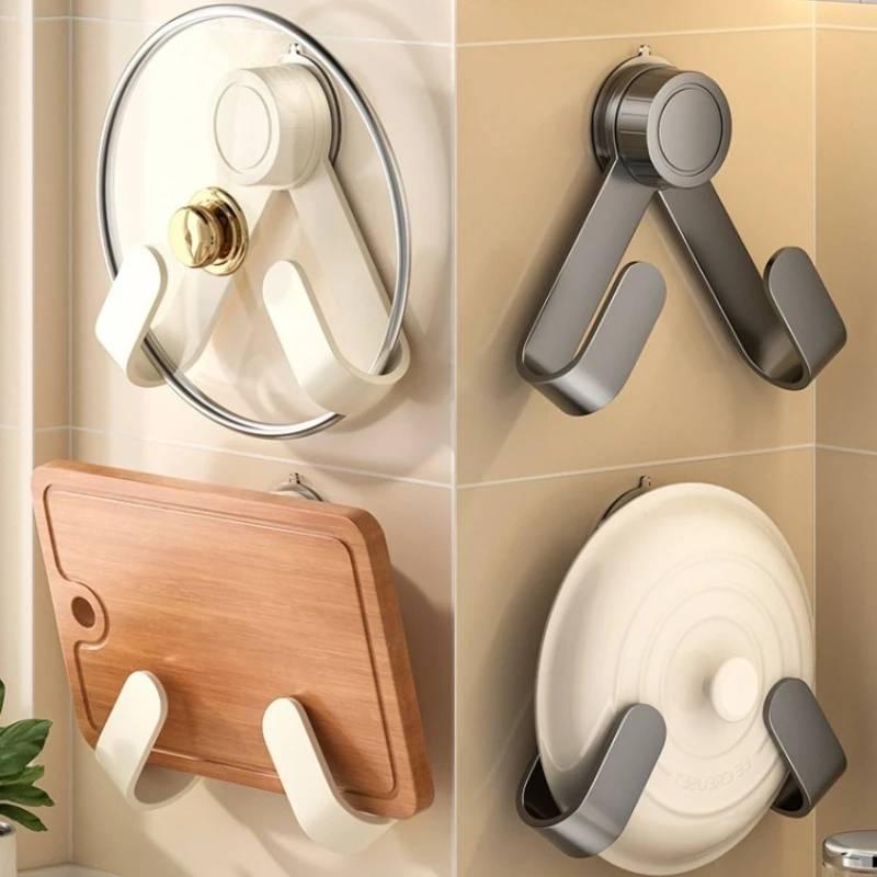 Drill-Free Suction Cup Rotating Kitchen Organizer-Wall-Mounted Pot Lid Rack With Hooks,Multi-Functional Holder & Chopping Boards