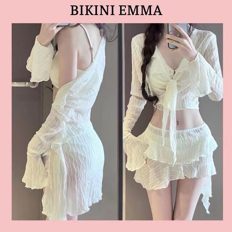 

Swimsuit Korean White Fairy Four-piece Women s Bikini Vacation Seaside Long-sleeved Hot XL 110-120 kg