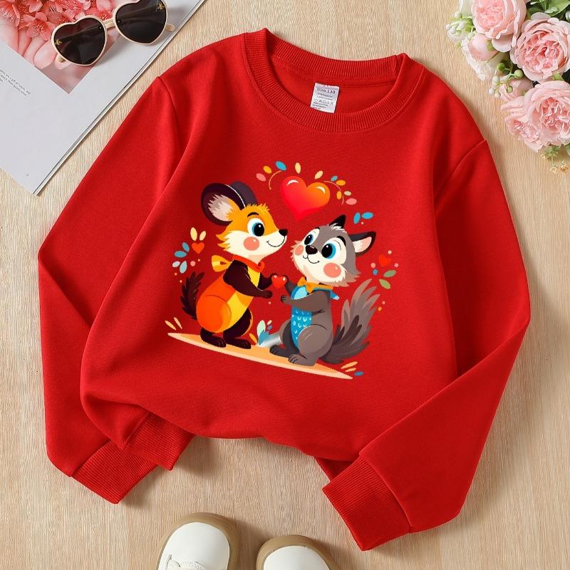 Kids Crewneck Sweatshirt, Cute Foxes Holding Heart Print, Soft Casual Pullover for Fall Winter