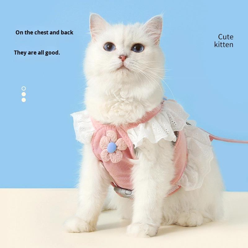 Small Cat and Puppy Travel Dog Walking Supplies with JK Chest Strap Flower Printed Traction Rope XS Size Cat and Dog Clothing