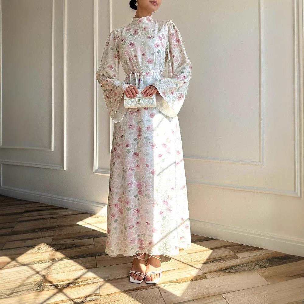 European and American Women's Clothing New Fashion Temperament Sweet French Horn Sleeves Thin Printed Dress Long Dress