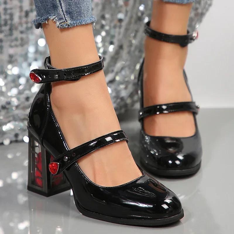 Fashion Punk Gothic Women Shoes Spring High Heels Pumps Woman Ankle Straps Black Mary Jane Shoes Women Rose Heeled Patent Leather Shoes