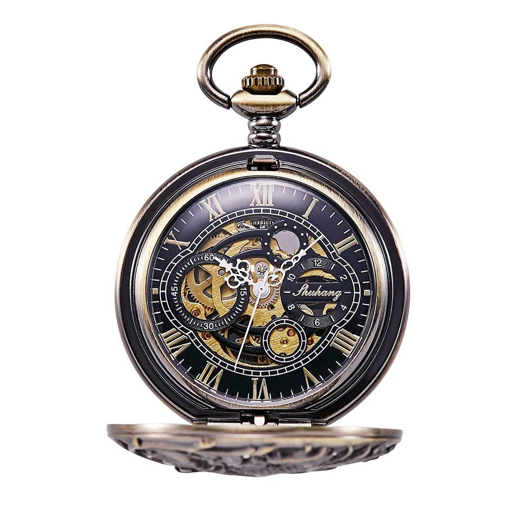 TREEWETO Mechanical Pocket Dragon Roman Bronze with Chain Hand-Winding Watch, Double-Sided Cover, Openwork, Numerals, Skeleton,
