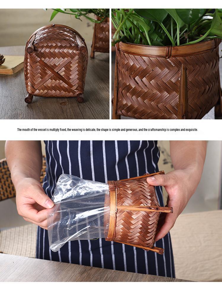 Bamboo Weaving Decorative Flower Pot Cover and Arrangement Basket - Handmade Retro Vase and Green Dill Storage
