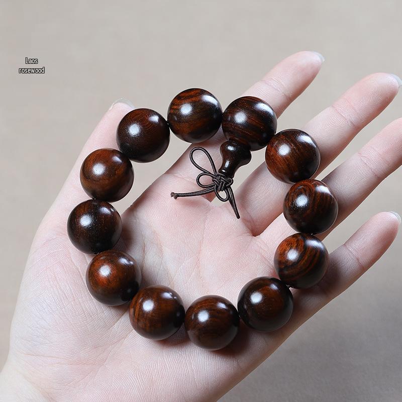 Men's Small-Leaf Red Sandalwood & Green Sandalwood Bracelet with Yellow Rosewood and Ebony Buddhist Beads 2.0".