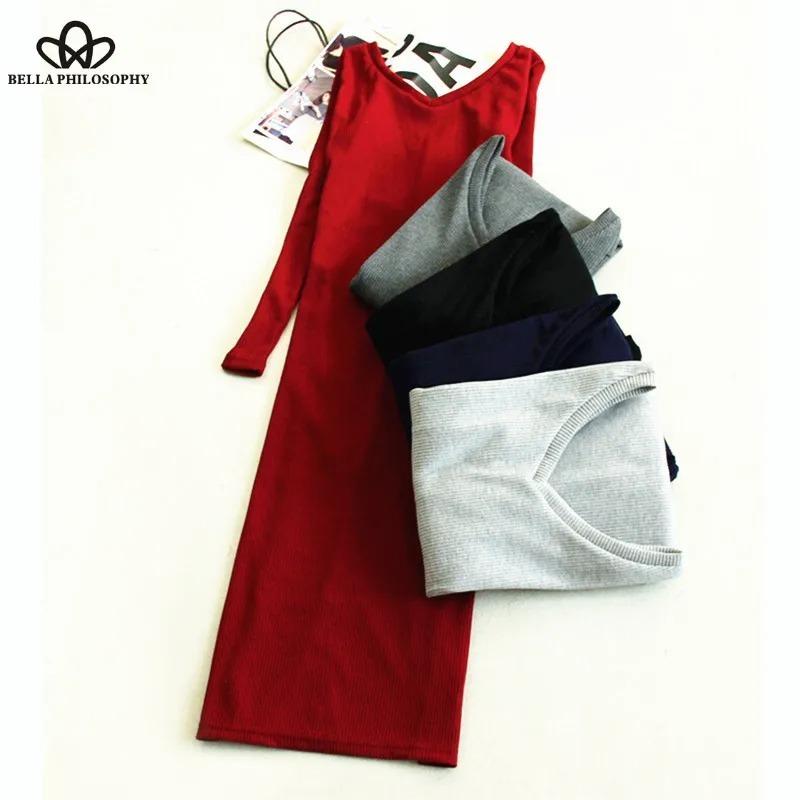 Women's Stretchy Knitting Sweater Dress Autumn Winter V-neck Ruched Long Sleeve Skinny Split Pencil Dress Red Navy Blue Gray