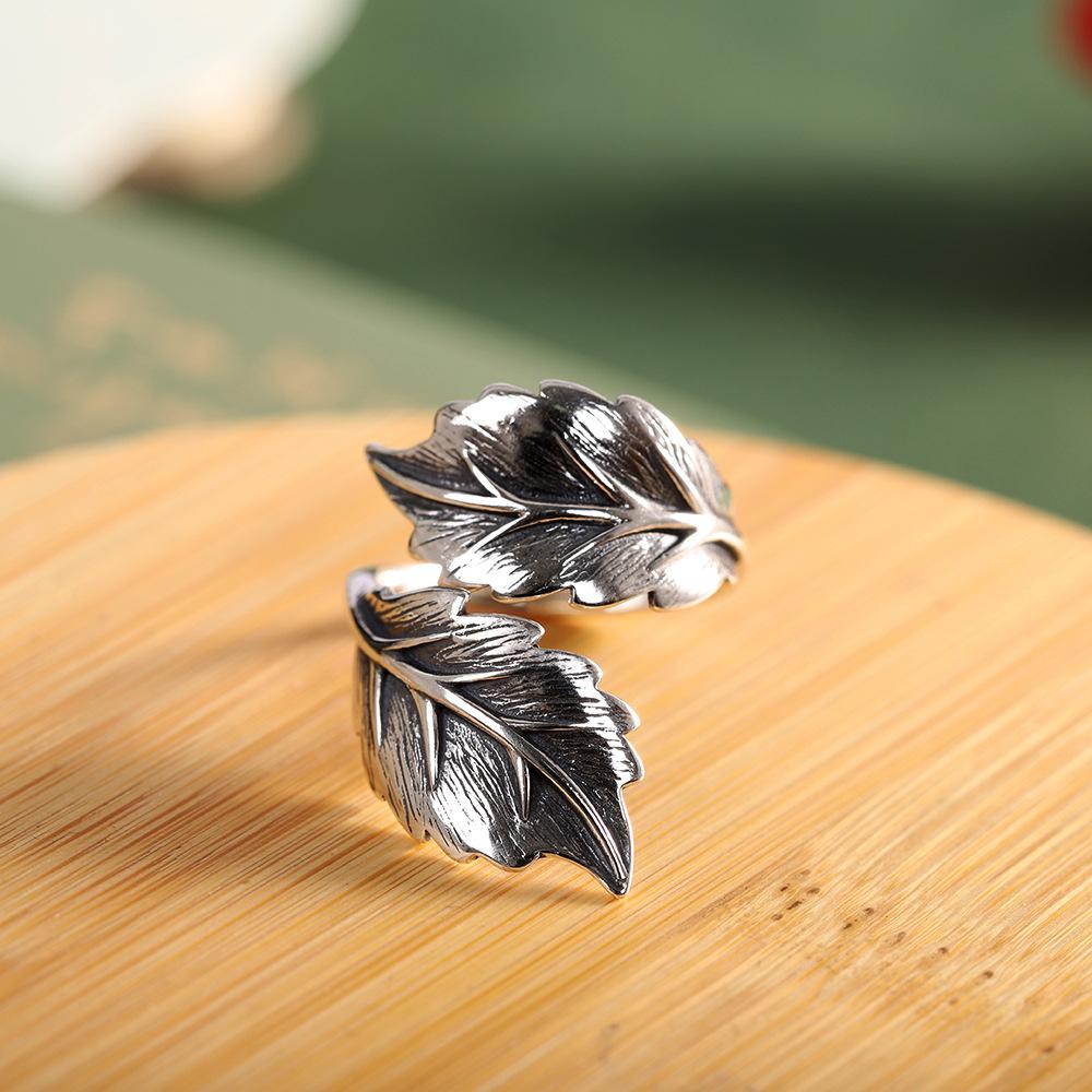 Buyee 925 Sterling Silver Male Female Big Ring Finger Elegant Gary Leaf Open Ring for Woman Men Fashion Fine Jewelry Circle Gift