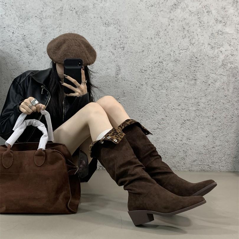 Pointed Boots 2025 Autumn and Winter New Women's Boots Thick Heel Short Boots Two Wear Pleated Piled Boots But Knee Boots