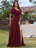 Ever-Pretty Women's U-Neck Backless Frenulum Knotting Short Sleeves High Slit A-Line Bridesmaid Dress Chiffon Evening Dresses