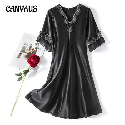 Women's Summer Thin Section of Satin Silk Pajamas Ruffles Fly Edge Home Wear Embroidered V-neck Large Size Nightgowns