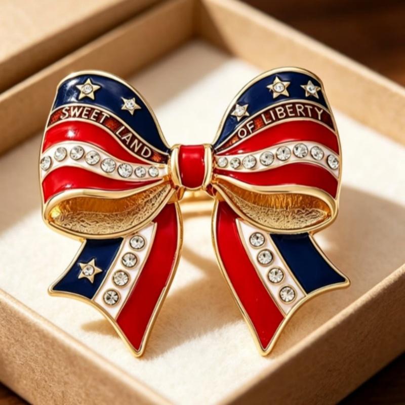 Spille Spilla Fiocco Bandiera Americana Spille Smalto Patriottiche Colori Bandiera USA Rosso Bianco Blu Smalto Strass Spille da Bavero Gioielli Regali