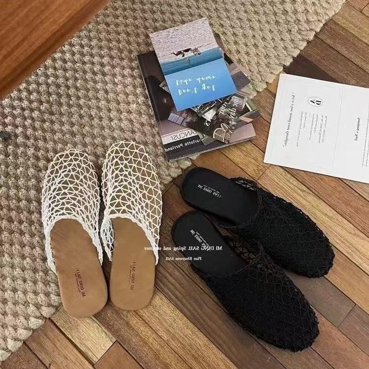 Niche Fishnet Woven Hollow Sandals Women's Summer New Fisherman Flat Bottom Round Head Bag Head Half Slippers